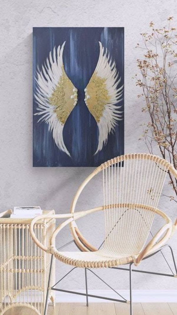 Alternate image for Glittering Hope | Original Angel Wings Canvas Painting | Gold Leaf White Wing Abstract Wall Art Modern Spiritual Artwork Living Room Decor