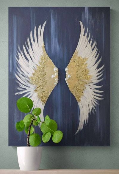 Alternate image for Glittering Hope | Original Angel Wings Canvas Painting | Gold Leaf White Wing Abstract Wall Art Modern Spiritual Artwork Living Room Decor