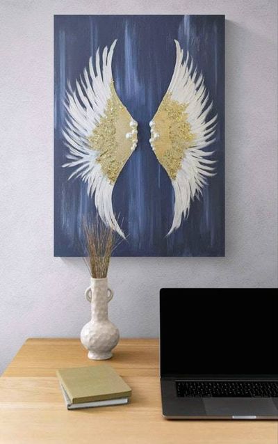 Alternate image for Glittering Hope | Original Angel Wings Canvas Painting | Gold Leaf White Wing Abstract Wall Art Modern Spiritual Artwork Living Room Decor