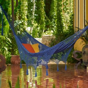 Image for Navy Tasseled Cotton Rope Hammock Triple from Mexico 'Sunset Dreams in Navy'