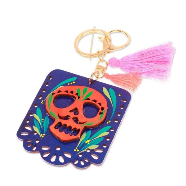 Alternate image for Wood Day of the Dead Skull Keychain Bag Charm with Tassels Mexican Custom