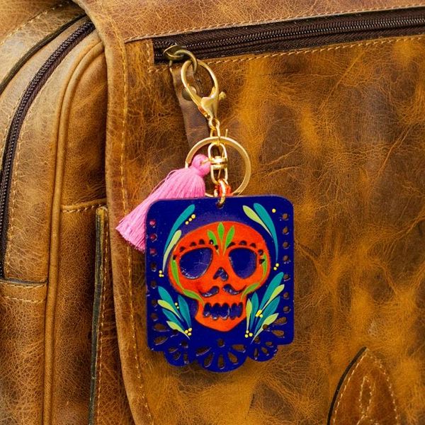 Alternate image for Wood Day of the Dead Skull Keychain Bag Charm with Tassels Mexican Custom