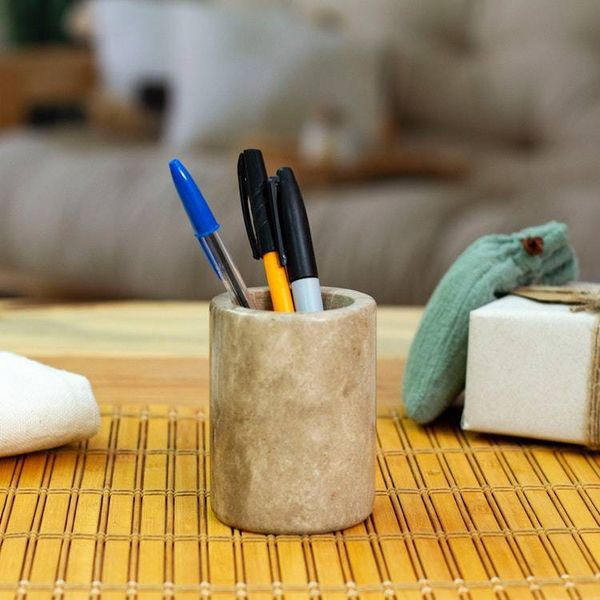 Alternate image for Artisan-Made Hand-Carved Natural Brown Marble Pencil Holder Professional Marble