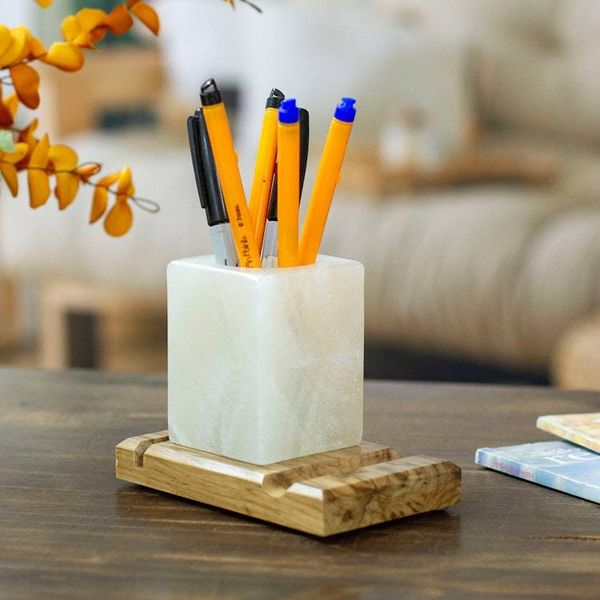 Alternate image for Marble Wood Pencil Holder with Slots for Phone and Cards All in Place