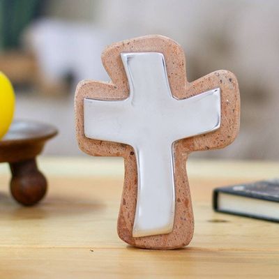 Primary image for Handmade Pewter and Reclaimed Stone Wall Cross from Mexico Lithe Cross