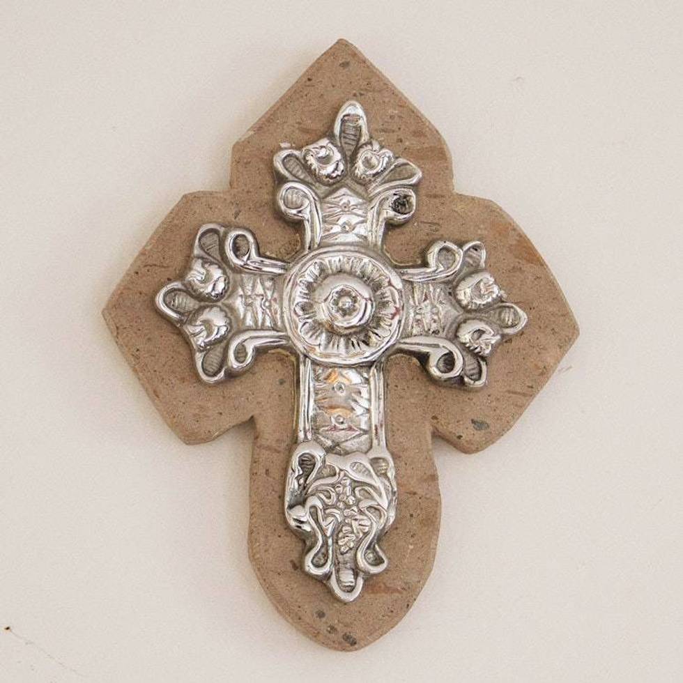 Baroque-Inspired Pewter and Reclaimed Stone Wall Cross 'Baroque Faith'