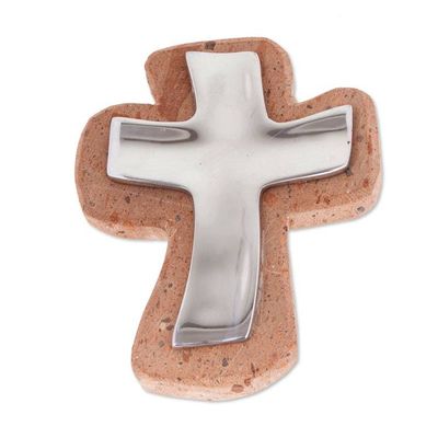 Alternate image for Handmade Pewter and Reclaimed Stone Wall Cross from Mexico Lithe Cross