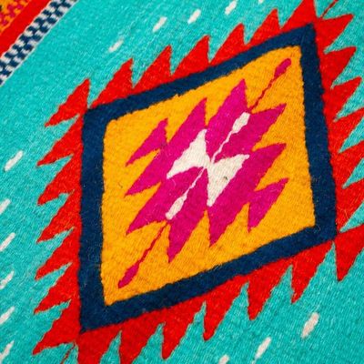 Alternate image for Turquoise Zapotec Wool Runner with Mexican Geometric Motifs Colorful Eye of God