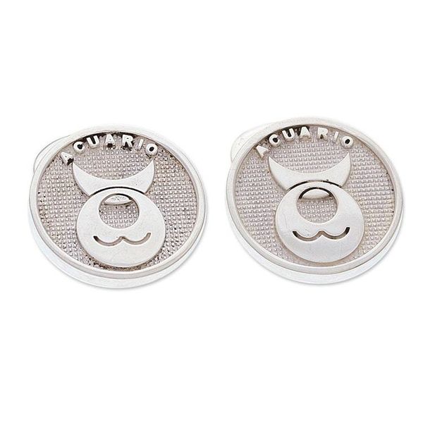 Alternate image for Aquarius-Themed Modern Round Silver Cufflinks from Mexico Aquarius Totem