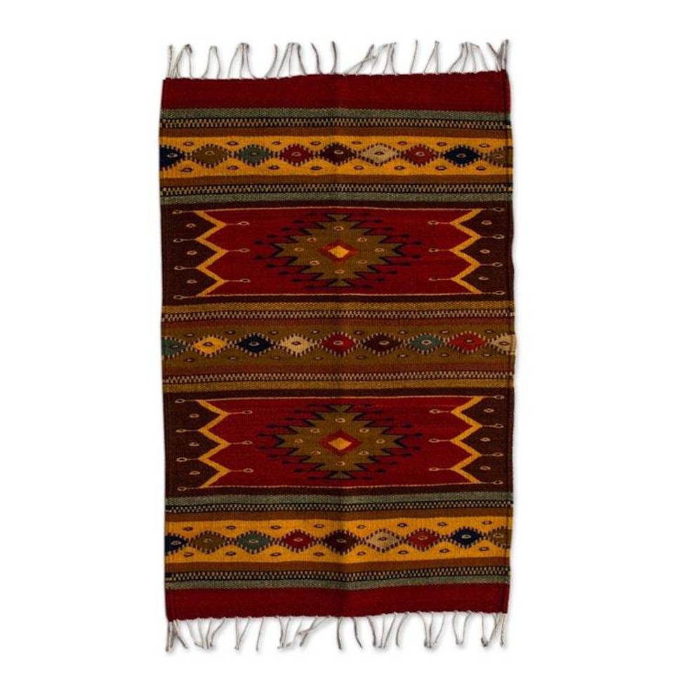 Authentic Handwoven Zapotec Wool Rug 2 x 3 Feet 'Sun Duality'