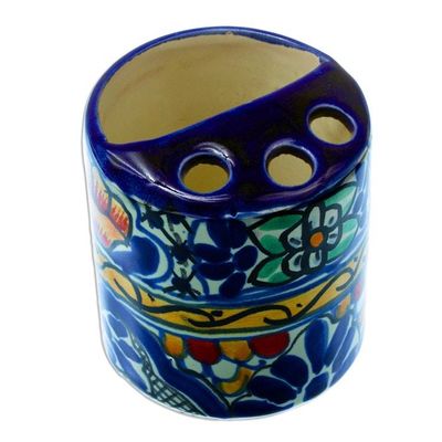 Alternate image for Colorful Ceramic Talavera-Style Toothbrush Holder Cobalt Flowers