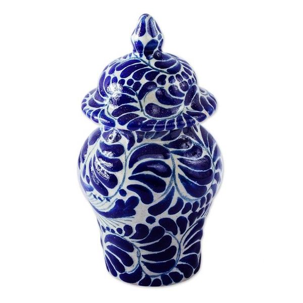 Alternate image for Blue on Ivory Swallow Motif Talavera Style Ginger Jar Blue Puebla Swallow
