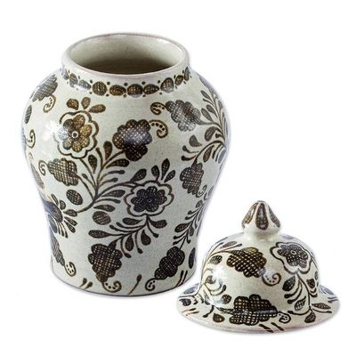 Alternate image for Beige Brown Handmade Talavera Style Decorative Ginger Jar Brown Crosshatch Blossoms