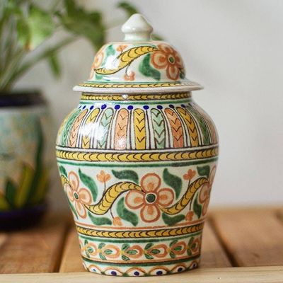 Alternate image for Handmade Floral Talavera Style Decorative Ginger Jar Puebla Peach Blossoms