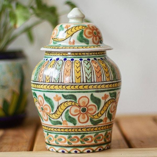 Alternate image for Handmade Floral Talavera Style Decorative Ginger Jar Puebla Peach Blossoms