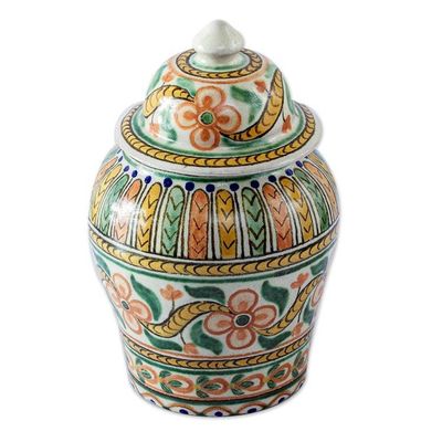 Alternate image for Handmade Floral Talavera Style Decorative Ginger Jar Puebla Peach Blossoms