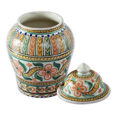Alternate image for Handmade Floral Talavera Style Decorative Ginger Jar Puebla Peach Blossoms