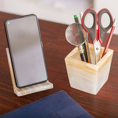 Alternate image for Natural Cream Onyx Desk Set Hand Crafted in Mexico Cream and Honey