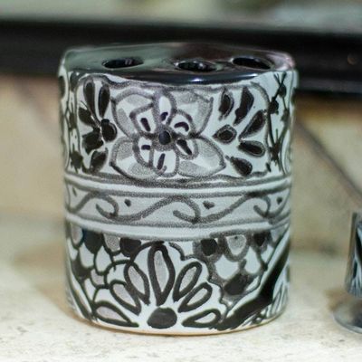 Primary image for Black and White Hand Painted Ceramic Toothbrush Holder Monochrome Flowers