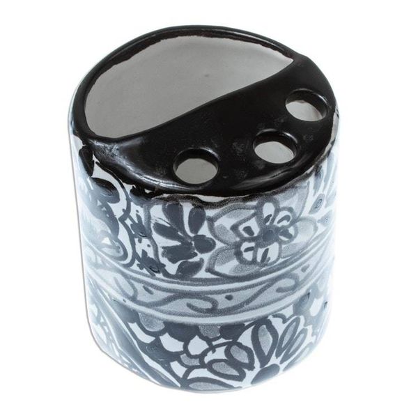 Alternate image for Black and White Hand Painted Ceramic Toothbrush Holder Monochrome Flowers