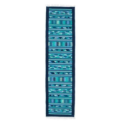 Alternate image for Handwoven Wool Runner Rug in Blue Turquoise and Green 3x10 Blue Geometry