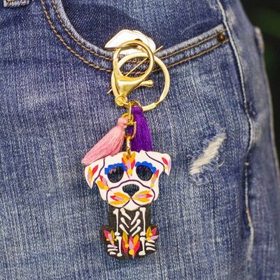 Alternate image for Wood Day of the Dead Skeleton Dog Keychain and Bag Charm Petite Day of the Dead Dog