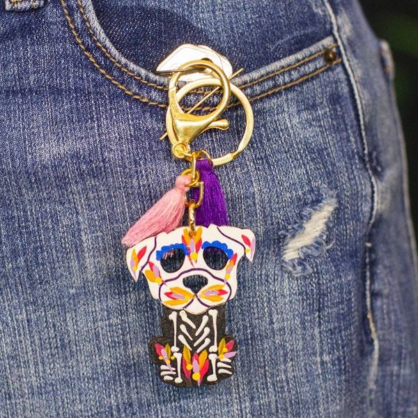 Alternate image for Wood Day of the Dead Skeleton Dog Keychain and Bag Charm Petite Day of the Dead Dog