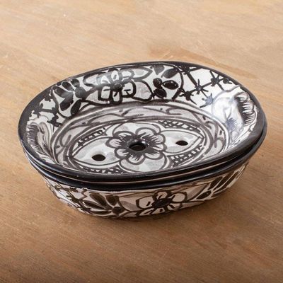 Alternate image for Black and White Ceramic Soap Dish from Mexico Monochrome Flowers