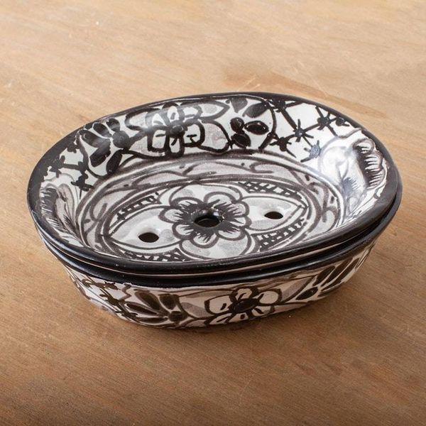 Alternate image for Black and White Ceramic Soap Dish from Mexico Monochrome Flowers