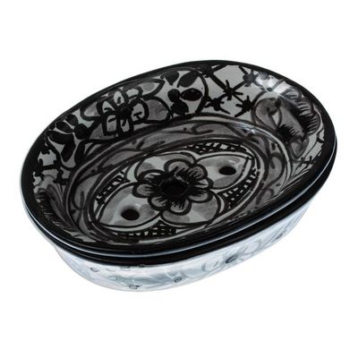 Alternate image for Black and White Ceramic Soap Dish from Mexico Monochrome Flowers