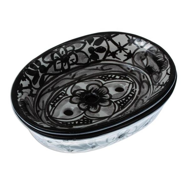 Alternate image for Black and White Ceramic Soap Dish from Mexico Monochrome Flowers