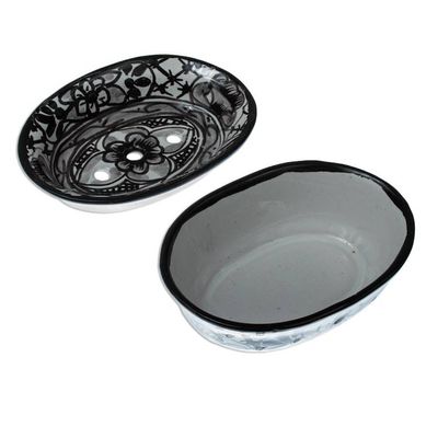 Alternate image for Black and White Ceramic Soap Dish from Mexico Monochrome Flowers