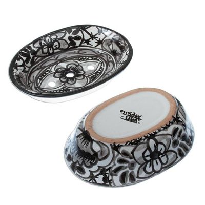 Alternate image for Black and White Ceramic Soap Dish from Mexico Monochrome Flowers