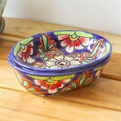 Alternate image for Hand Crafted Talavera-Style Soap Dish Blue Bouquet