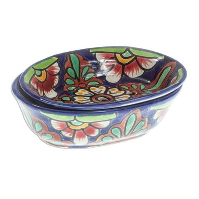 Alternate image for Hand Crafted Talavera-Style Soap Dish Blue Bouquet