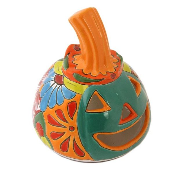 Alternate image for Jack-O-Lantern Talavera Style Ceramic Candle Holder Happy Jack-O-Lantern