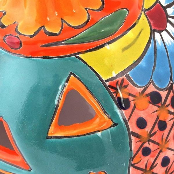 Alternate image for Jack-O-Lantern Talavera Style Ceramic Candle Holder Happy Jack-O-Lantern