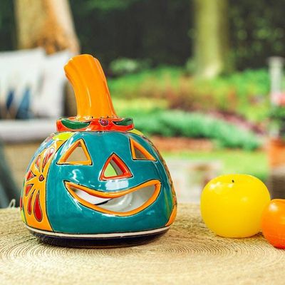 Alternate image for Jack-O-Lantern Talavera Style Ceramic Candle Holder Happy Jack-O-Lantern