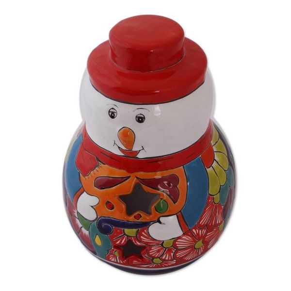 Alternate image for Snowman Talavera Ceramic Candle Holder from Mexico Snowman Glow