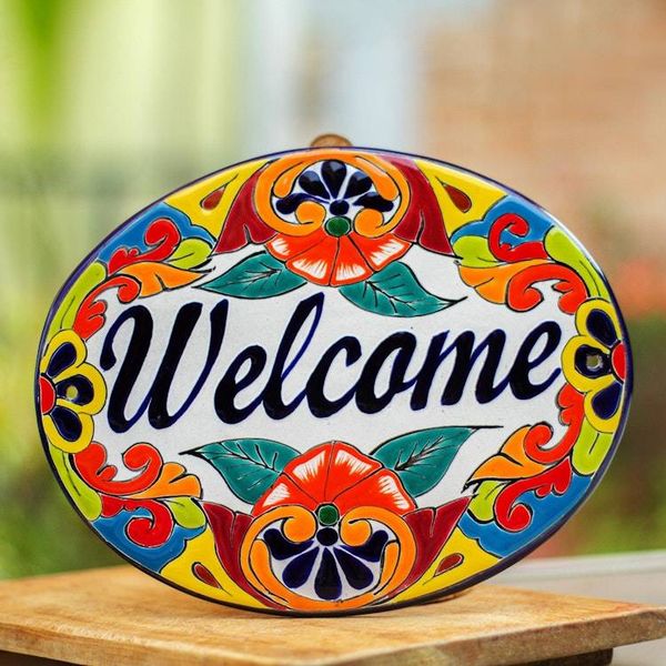 Alternate image for Floral Talavera-Style Ceramic Welcome Wall Sign from Mexico Talavera Welcome