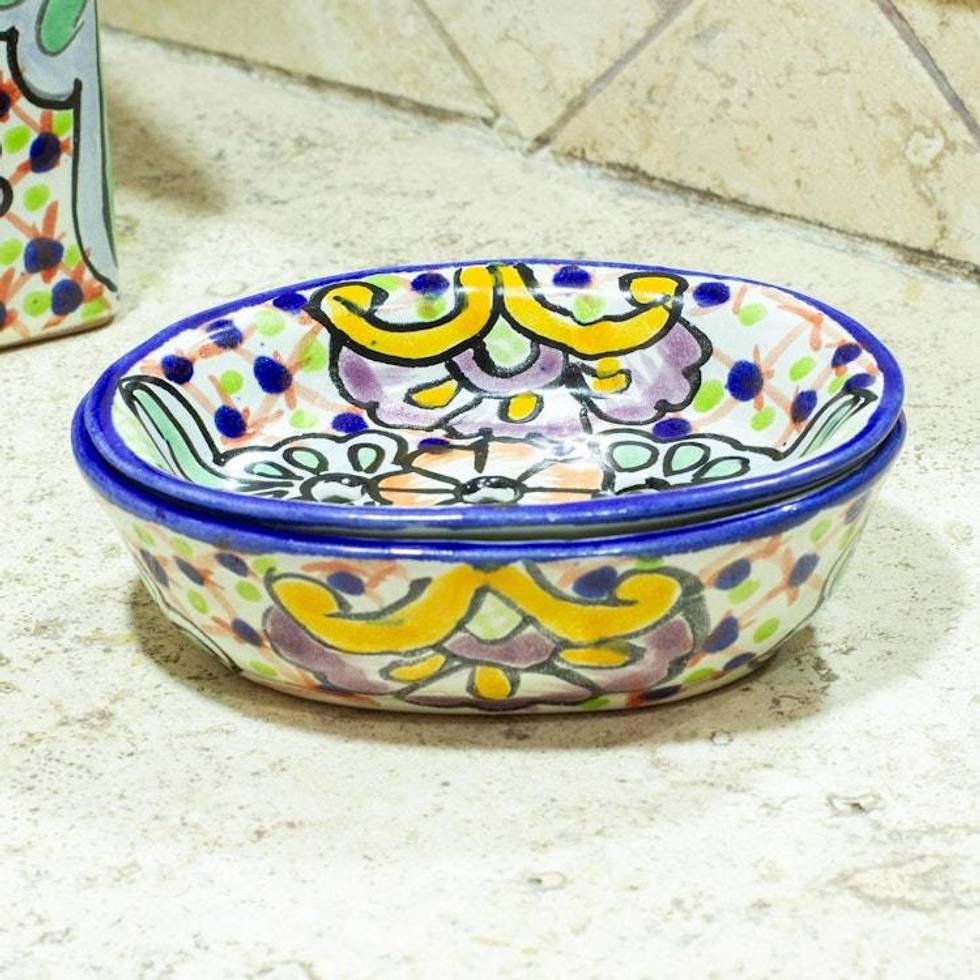 Talavera-Style Ceramic Soap Dish from Mexico 'Hidalgo Bouquet'