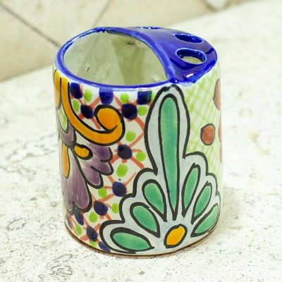 Alternate image for Green Dominant Talavera Style Toothbrush Holder from Mexico Hidalgo Bouquet