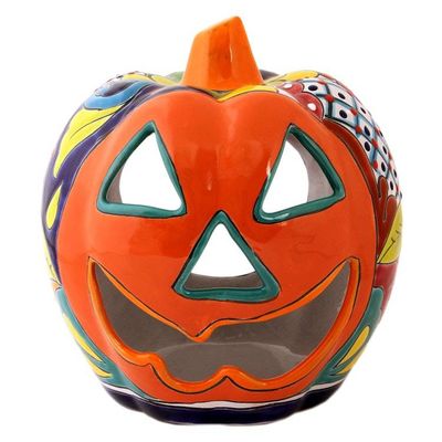 Alternate image for Floral Jack-O-Lantern Talavera Ceramic Candle Holder Jolly Jack-O-Lantern