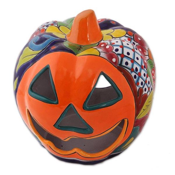 Alternate image for Floral Jack-O-Lantern Talavera Ceramic Candle Holder Jolly Jack-O-Lantern