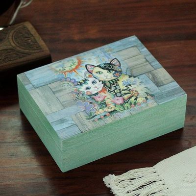Alternate image for Cat-Themed Decoupage Wood Decorative Box from Mexico Floral Cats
