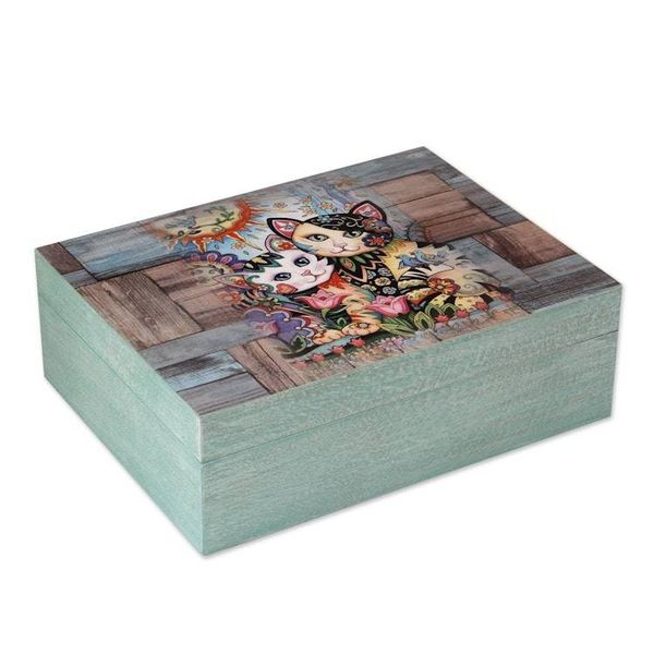 Alternate image for Cat-Themed Decoupage Wood Decorative Box from Mexico Floral Cats