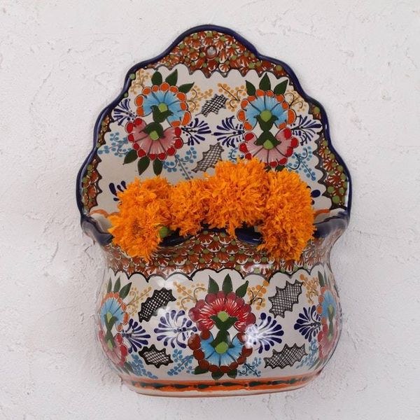 Alternate image for Floral Talavera-Style Ceramic Wall Planter from Mexico Lively Talavera