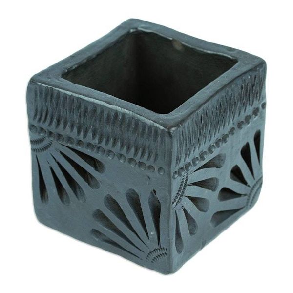 Alternate image for Mexican Handmade Barro Negro Black Ceramic Mini Flower Pot Square  Peacock