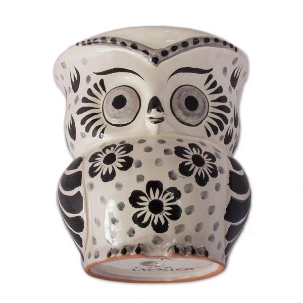 Alternate image for Black and White Ceramic Owl Flower Pot from Mexico Floral Owl