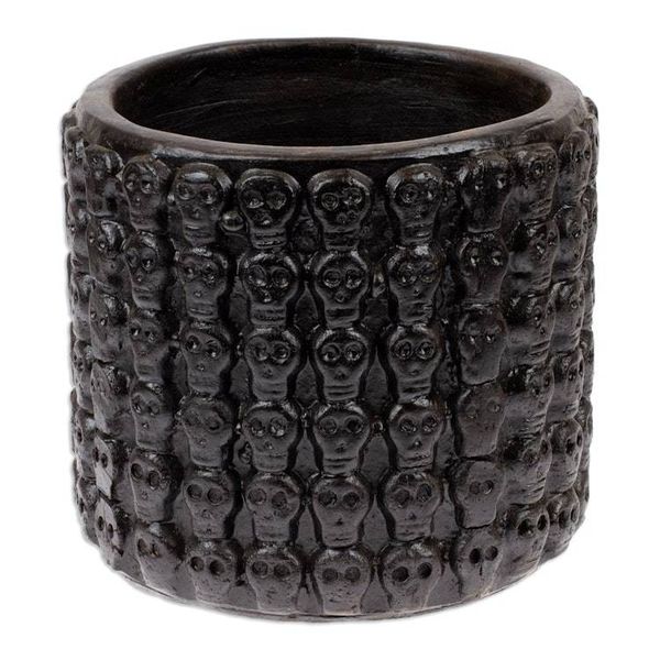 Alternate image for Handcrafted Skull-Patterned Round Black Ceramic Flower Pot Portal to the Dark Afterlife